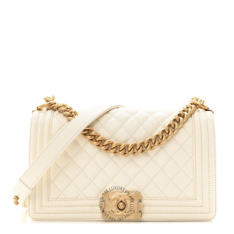 Túi Xách Đeo Chéo Chanel Caviar Quilted Medium Boy Flap White CDBC669