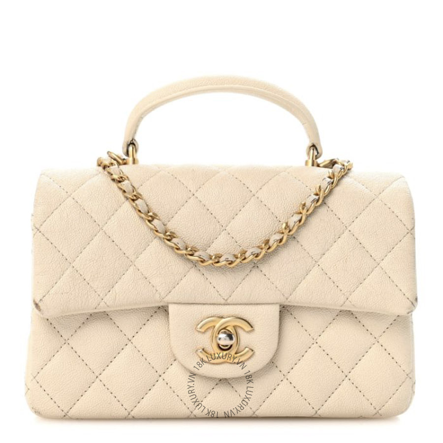 Túi Xách Đeo Chéo Chanel Caviar Quilted Mini Top Handle Rectangular Flap Beige CDBC710