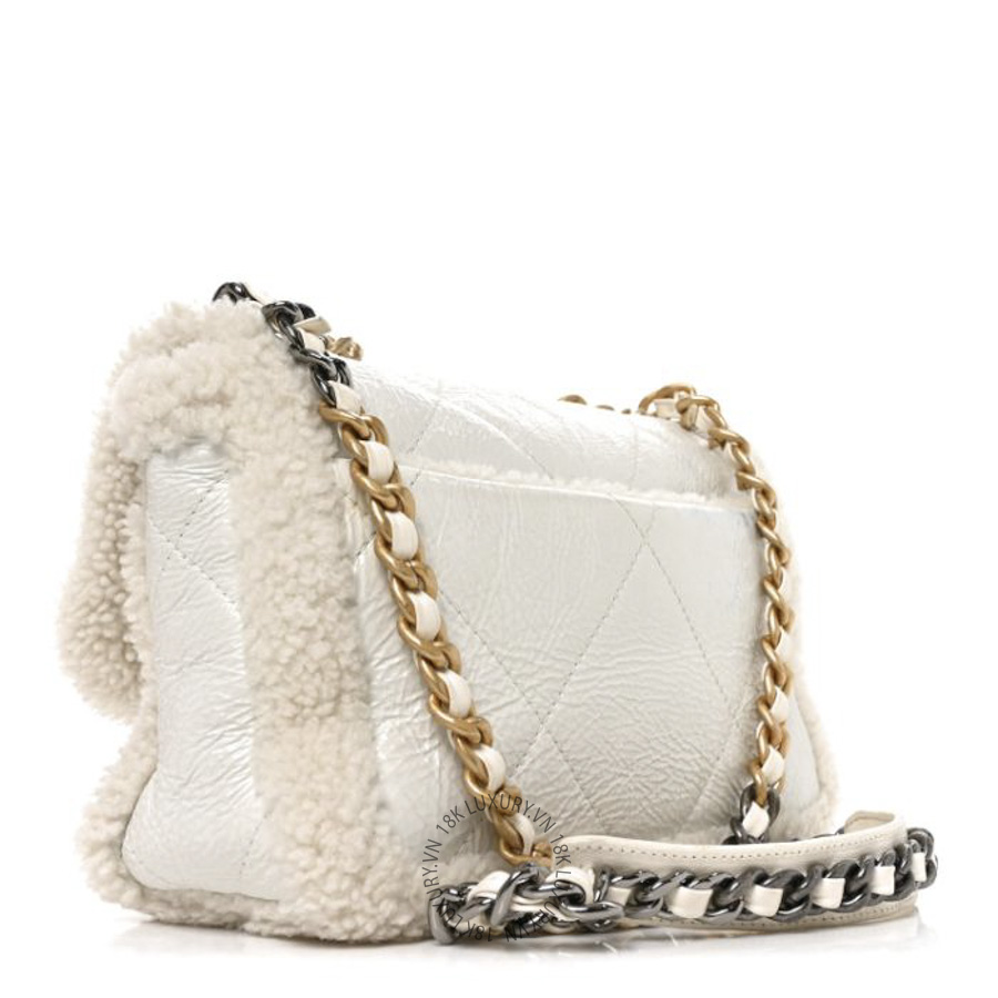 Túi Xách Đeo Chéo Chanel Crumpled Calfskin Shearling Sheepskin Medium Chanel 19 Flap White CDBC524