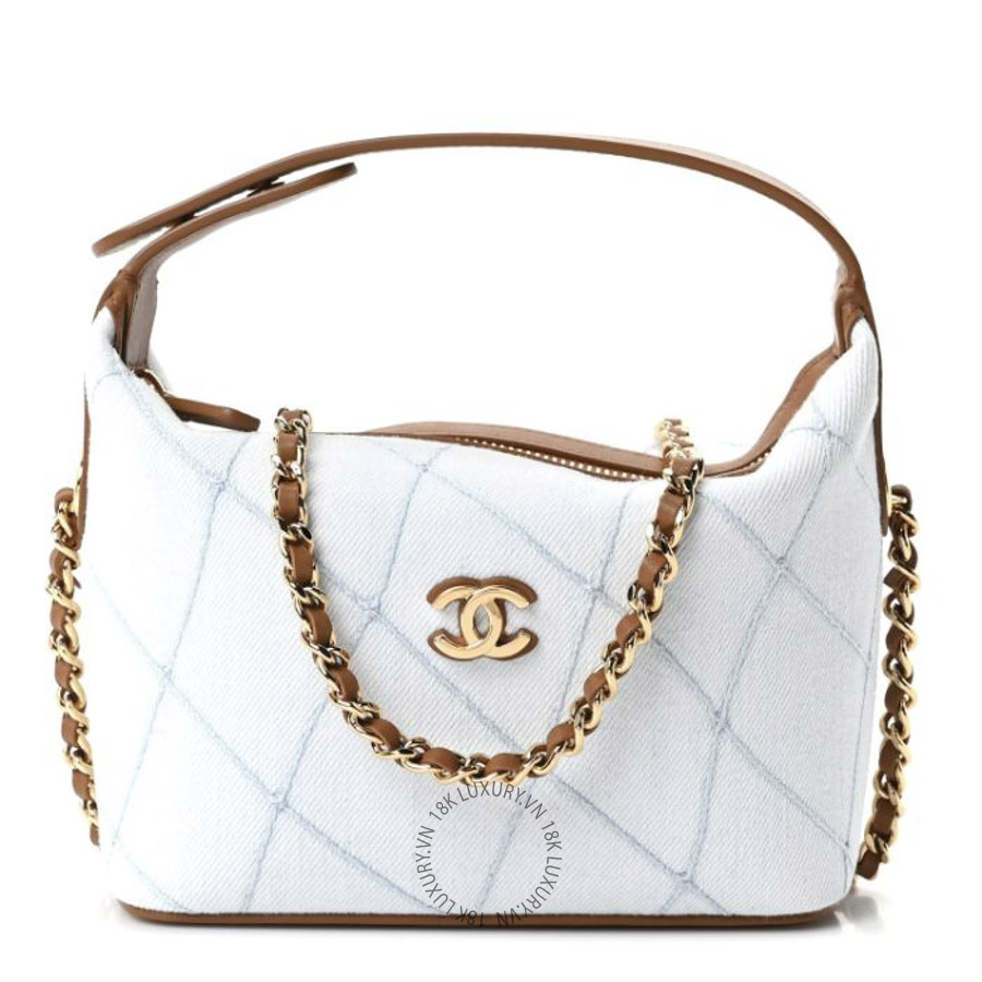 Túi Xách Đeo Chéo Chanel Denim Calfskin Quilted Coco Beach Top Handle Long Vanity Blue Brown CDBC719