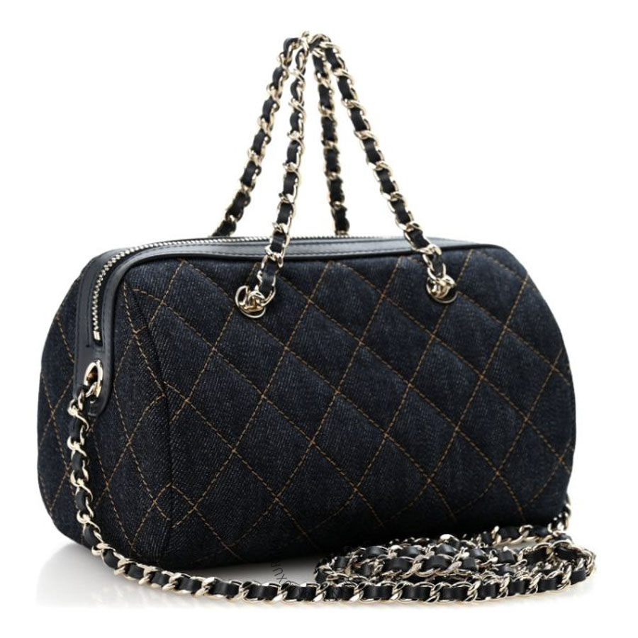 Túi Xách Đeo Chéo Chanel Denim Quilted Barrel Clutch With Chain Dark Blue Orange CDBC723