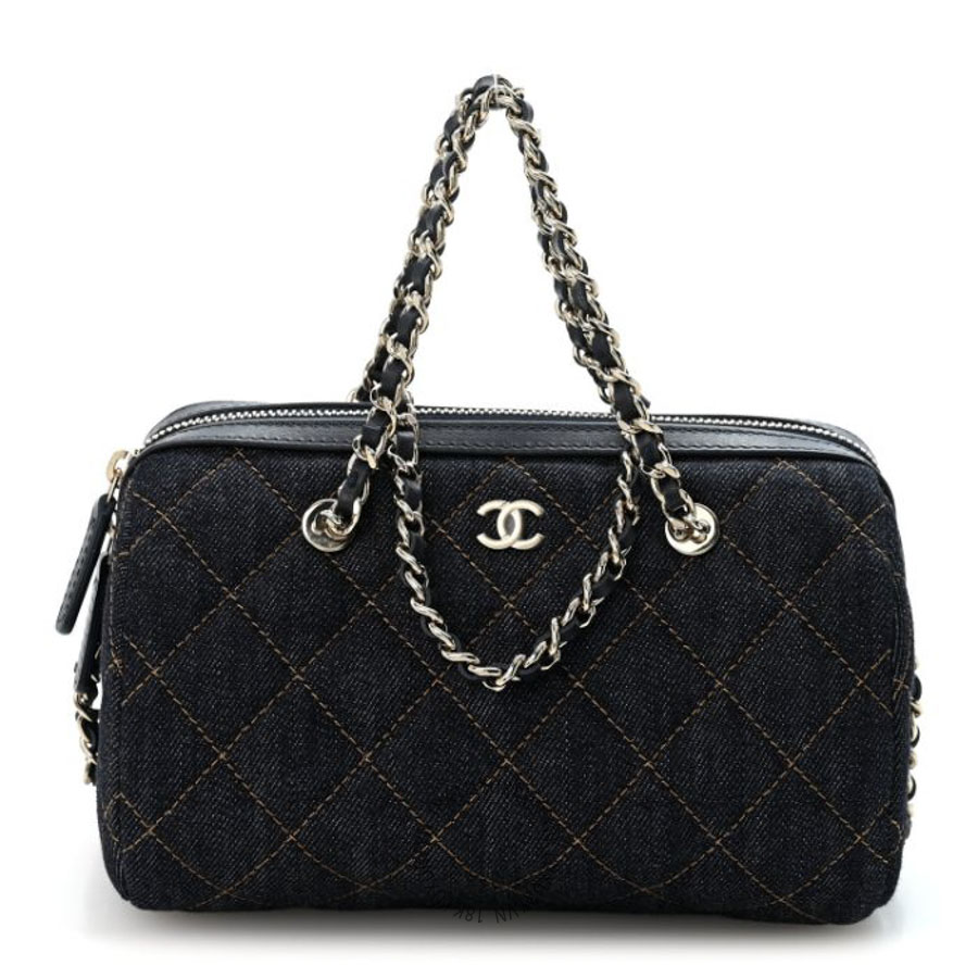 Túi Xách Đeo Chéo Chanel Denim Quilted Barrel Clutch With Chain Dark Blue Orange CDBC723