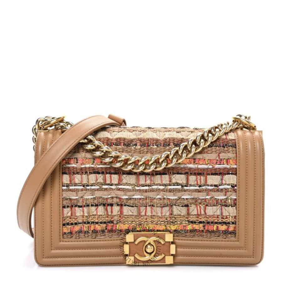 Túi Xách Đeo Chéo Chanel Iridescent Tweed Lambskin Medium Boy Flap Dark Beige CDBC914