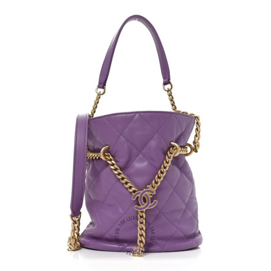 Túi Xách Đeo Chéo Chanel Lambskin Enamel Quilted Pending CC Bucket Drawstring Bag Purple CDBC307