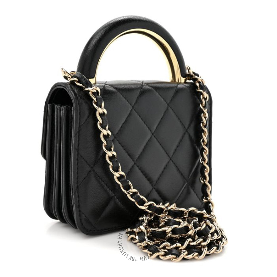 Túi Xách Đeo Chéo Chanel Lambskin Metal Quilted Top Handle Flap Clutch With Chain Black CDBC578