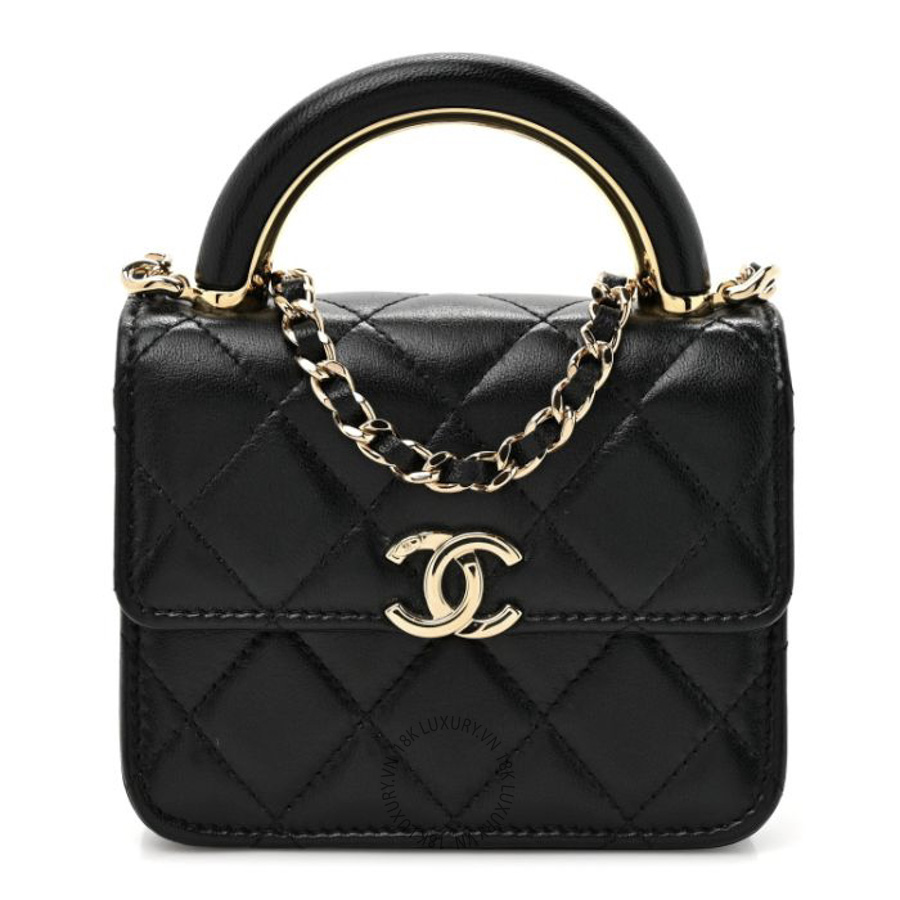 Túi Xách Đeo Chéo Chanel Lambskin Metal Quilted Top Handle Flap Clutch With Chain Black CDBC578