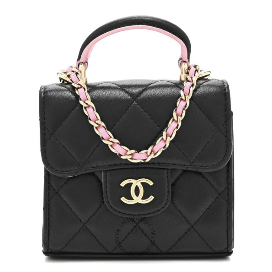 Túi Xách Đeo Chéo Chanel Lambskin Quilted Bi-Color Top Handle Clutch With Chain Black Pink CDBC709