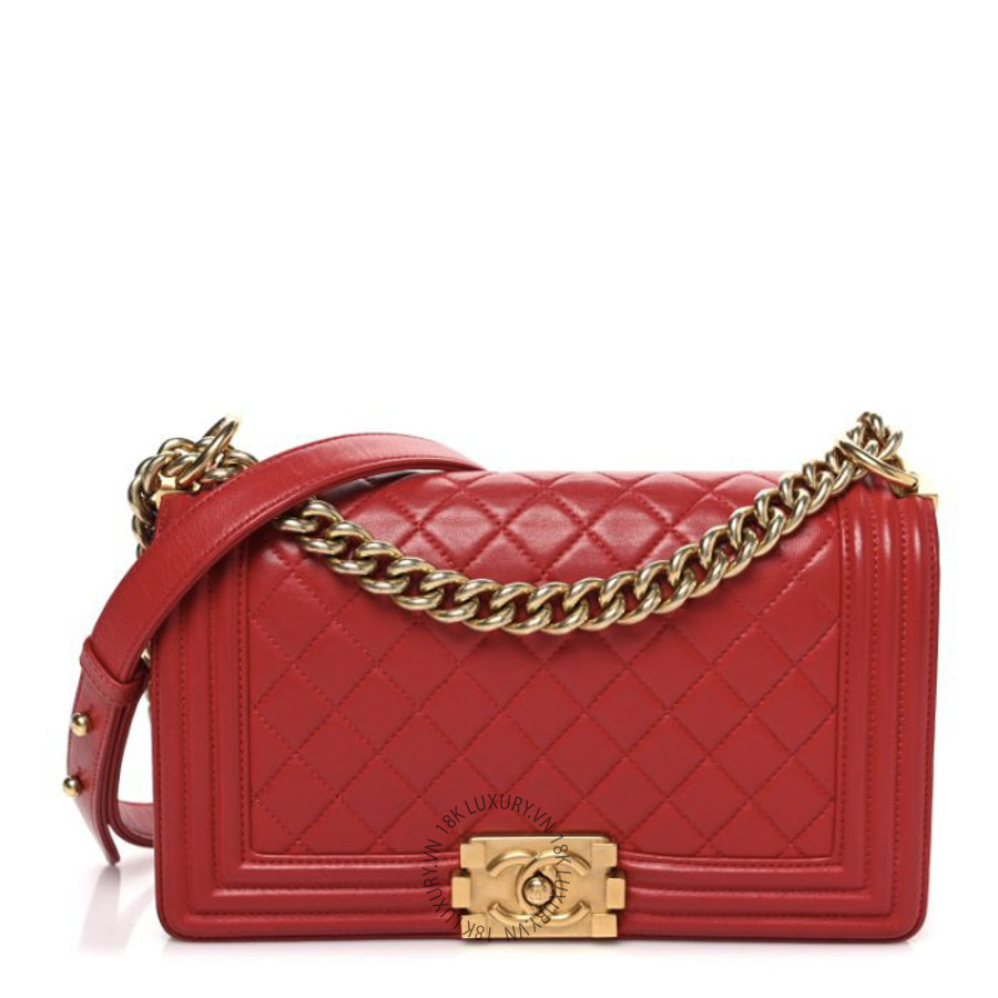 Túi Xách Đeo Chéo Chanel Lambskin Quilted Medium Boy Flap Red CDBC1119
