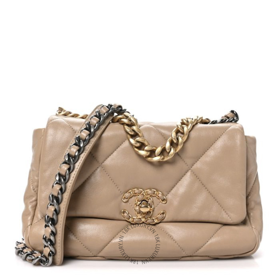 Túi Xách Đeo Chéo Chanel Lambskin Quilted Medium Chanel 19 Flap Dark Beige CDBC396