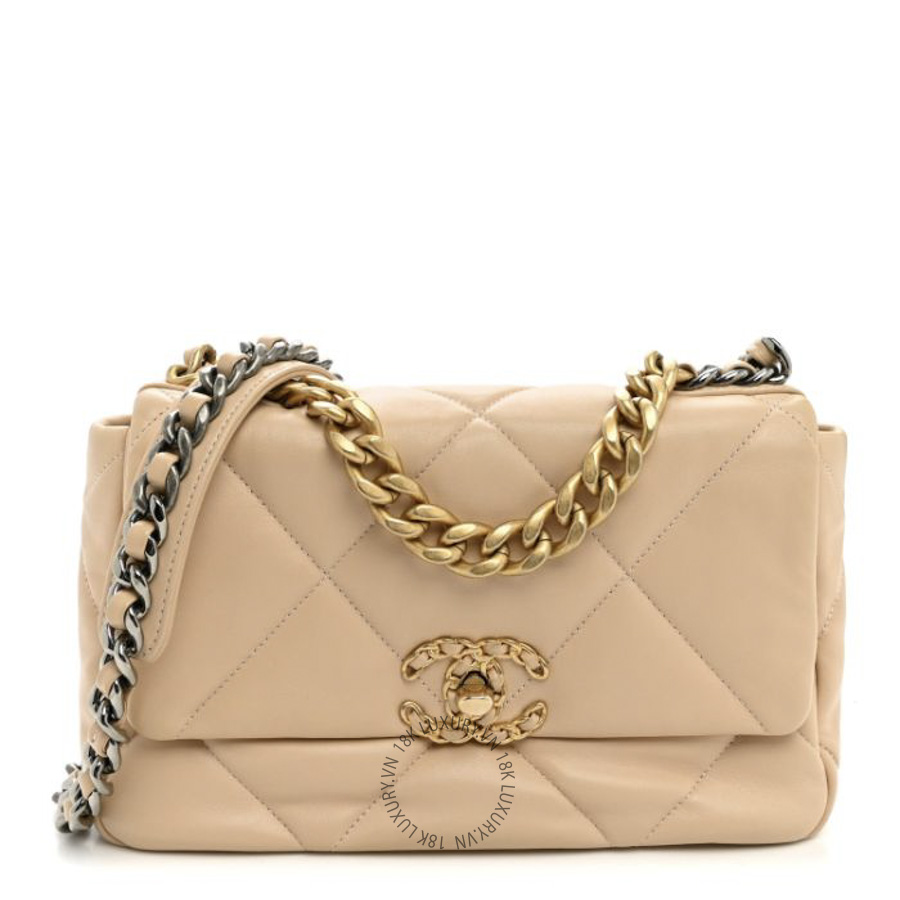 Túi Xách Đeo Chéo Chanel Lambskin Quilted Medium Chanel 19 Flap Light Beige CDBC676