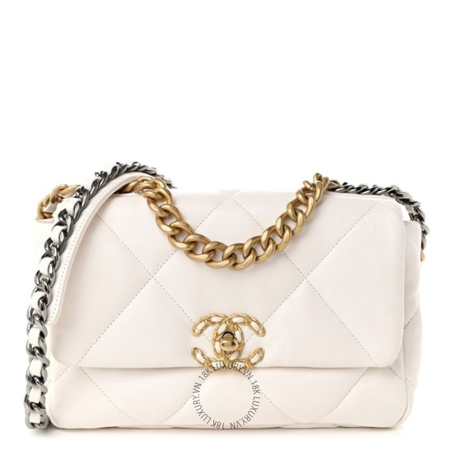 Túi Xách Đeo Chéo Chanel Lambskin Quilted Medium Chanel 19 Flap White CDBC724