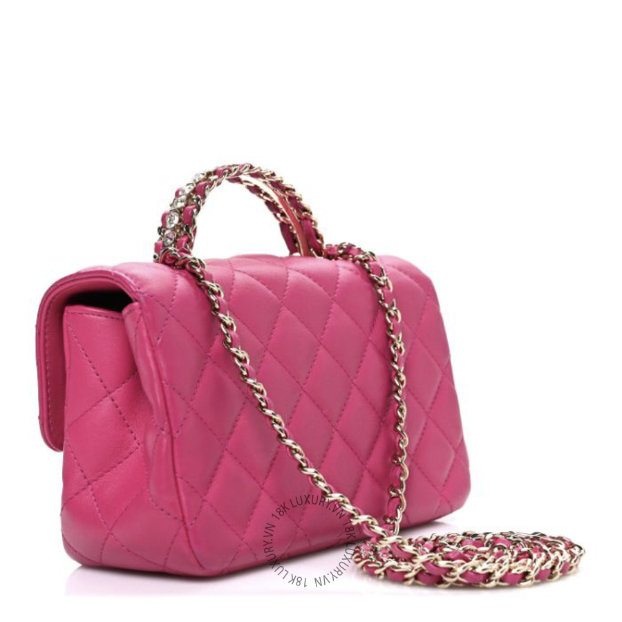 Túi Xách Đeo Chéo Chanel Lambskin Quilted Mini Crystal Top Handle Rectangular Flap Dark Pink CDBC330