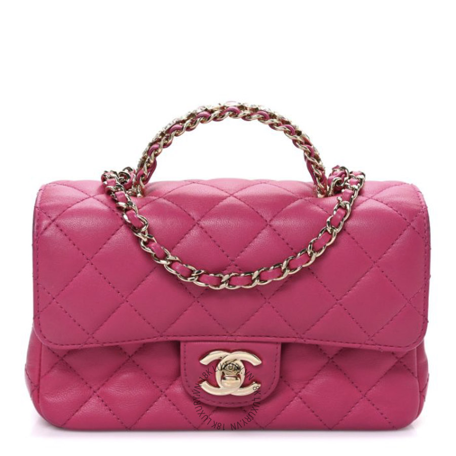 Túi Xách Đeo Chéo Chanel Lambskin Quilted Mini Crystal Top Handle Rectangular Flap Dark Pink CDBC330