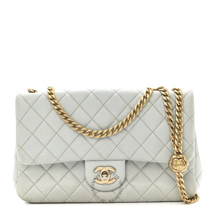 Túi Xách Đeo Chéo Chanel Lambskin Quilted Small Sweet Camellia Flap Light Blue CDBC1055