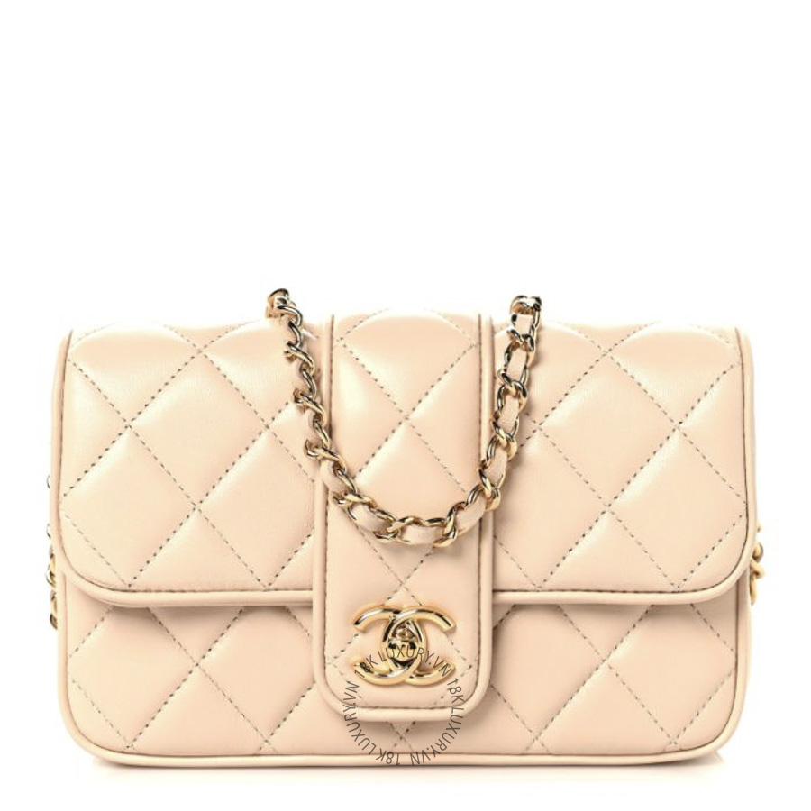 Túi Xách Đeo Chéo Chanel Lambskin Quilted Tab Mini Flap Beige CDBC539