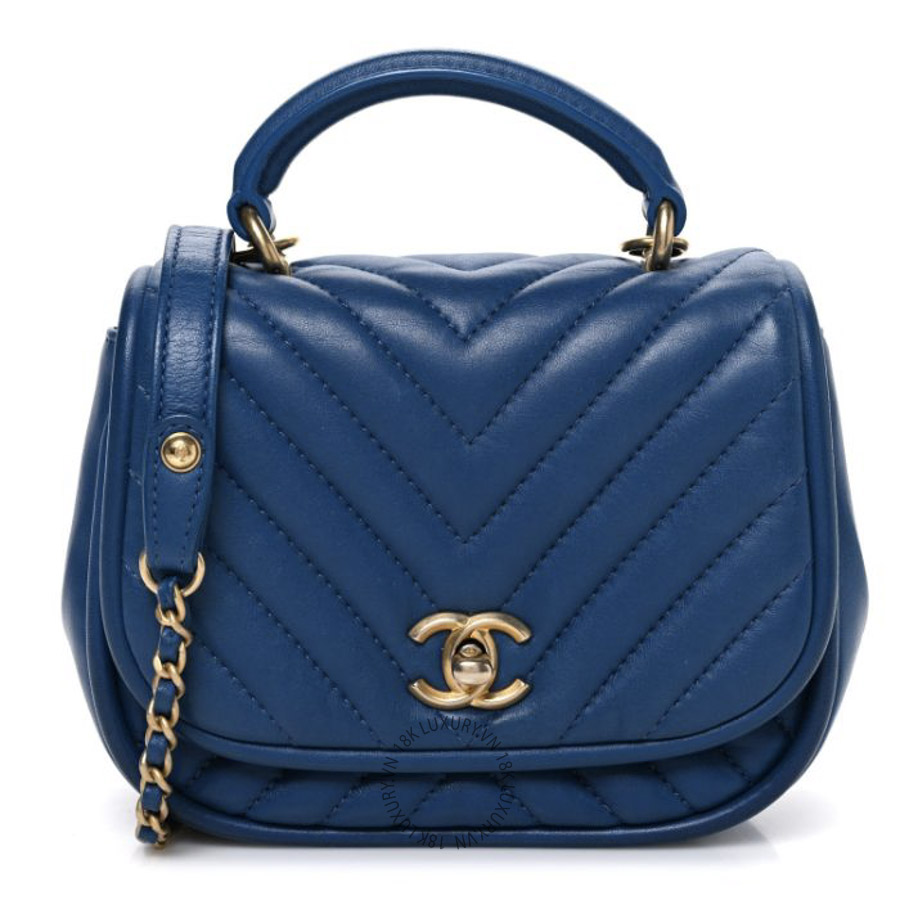 Túi Xách Đeo Chéo Chanel Lambskin Reverse Chevron Quilted Mini Round Top Handle Flap Blue CDBC1148