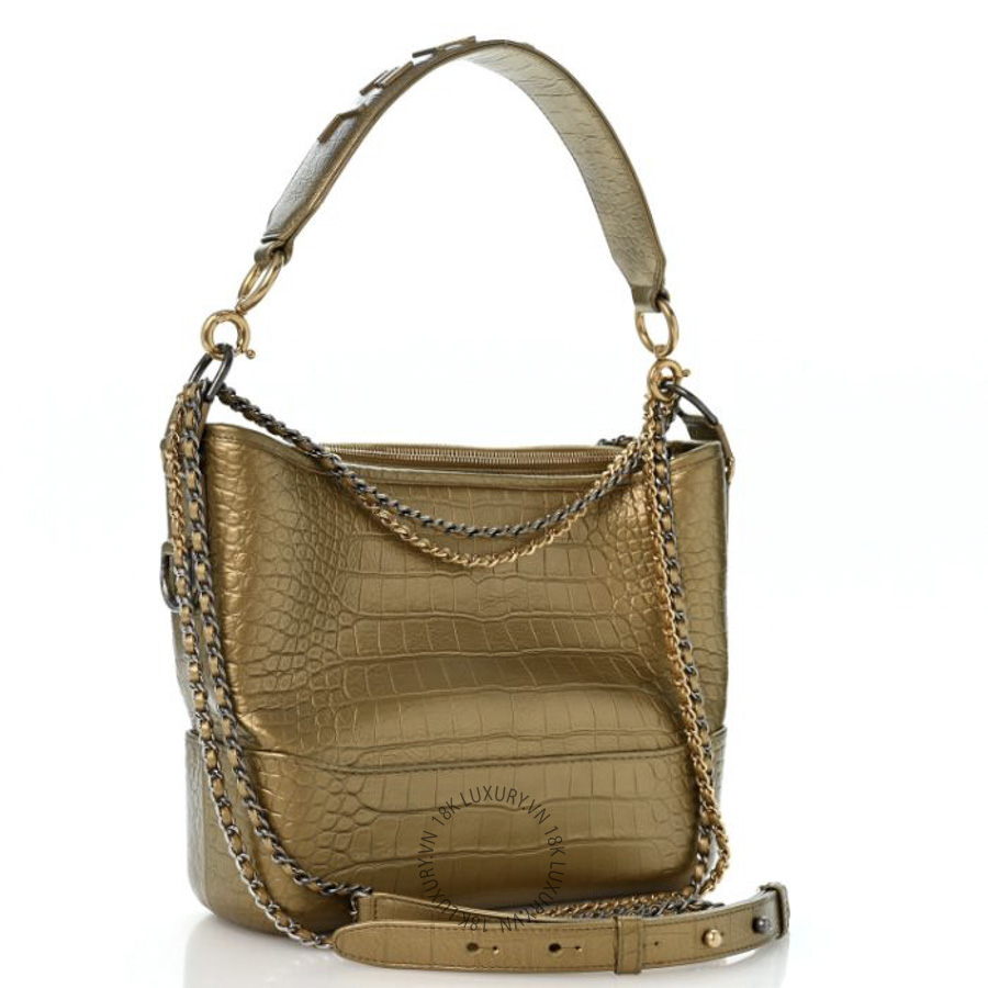 Túi Xách Đeo Chéo Chanel Metallic Calfskin Crocodile Embossed Medium Gabrielle Cocodile Hobo Gold CDBC535