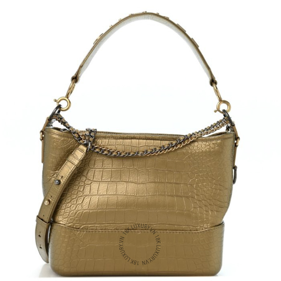 Túi Xách Đeo Chéo Chanel Metallic Calfskin Crocodile Embossed Medium Gabrielle Cocodile Hobo Gold CDBC535