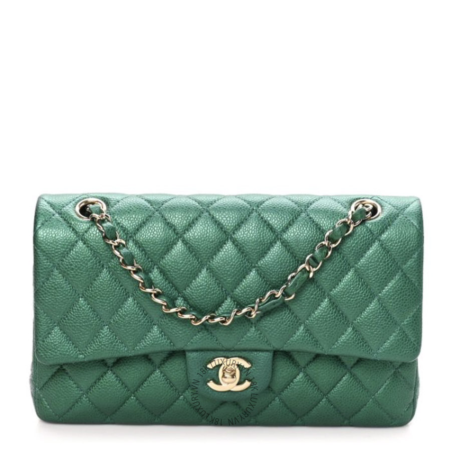 Túi Xách Đeo Chéo Chanel Metallic Caviar Quilted Medium Double Flap Green CDBC932
