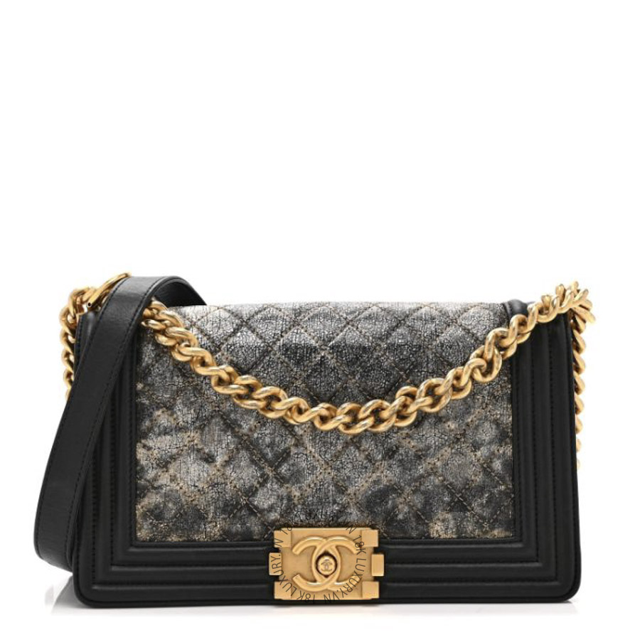 Túi Xách Đeo Chéo Chanel Metallic Crumpled Goatskin Medium Boy Flap Black Gold CDBC417