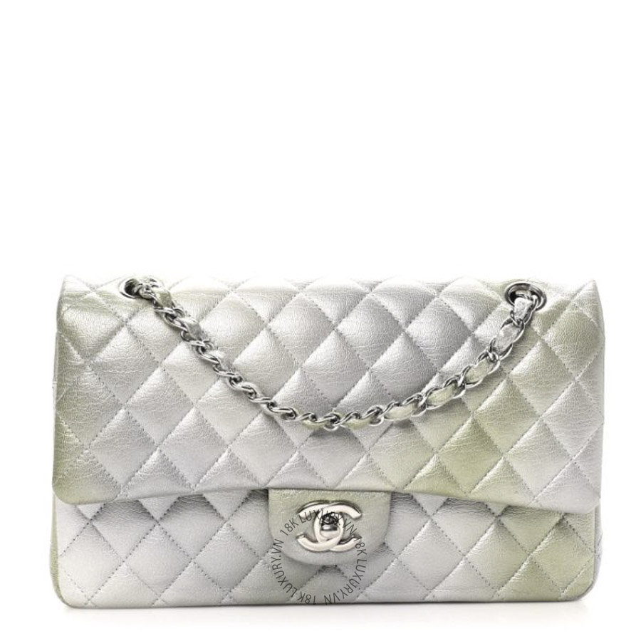 Túi Xách Đeo Chéo Chanel Metallic Goatskin Quilted Ombre Medium Double Flap Grey Green CDBC035
