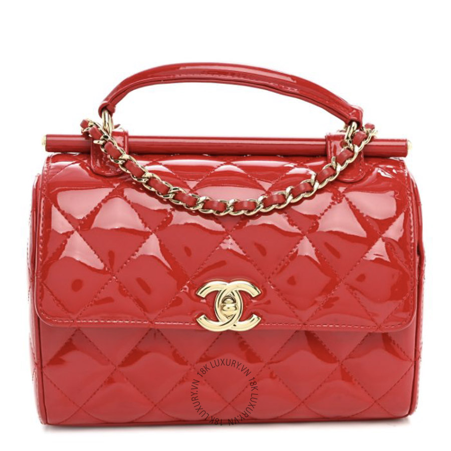 Túi Xách Đeo Chéo Chanel Patent Quilted Small Gold Bar Top Handle Flap Red CDBC433