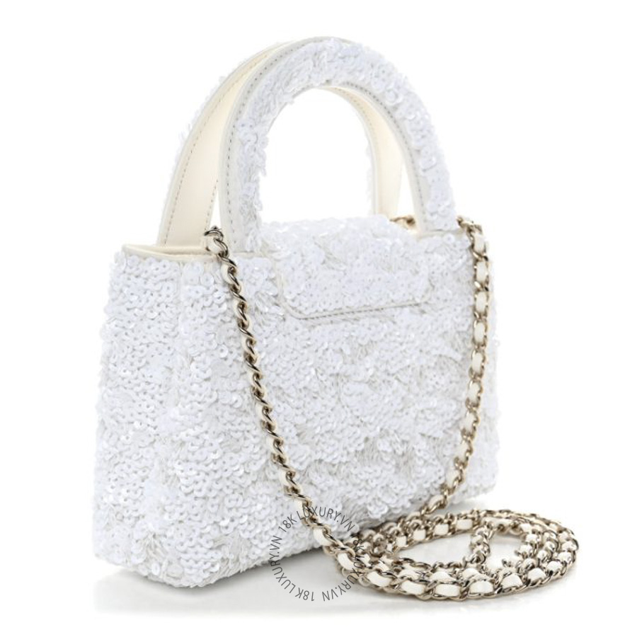 Túi Xách Đeo Chéo Chanel Sequin Nano Kelly Shopper White CDBC811