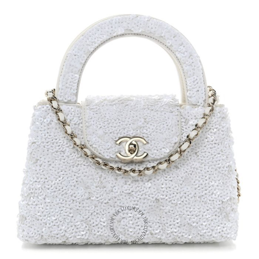 Túi Xách Đeo Chéo Chanel Sequin Nano Kelly Shopper White CDBC811