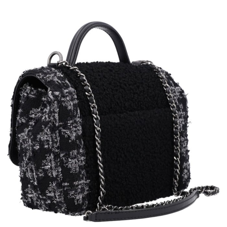 Túi Xách Đeo Chéo Chanel Shearling Tweed Medium Handle Boy Flap Black Grey CDBC836