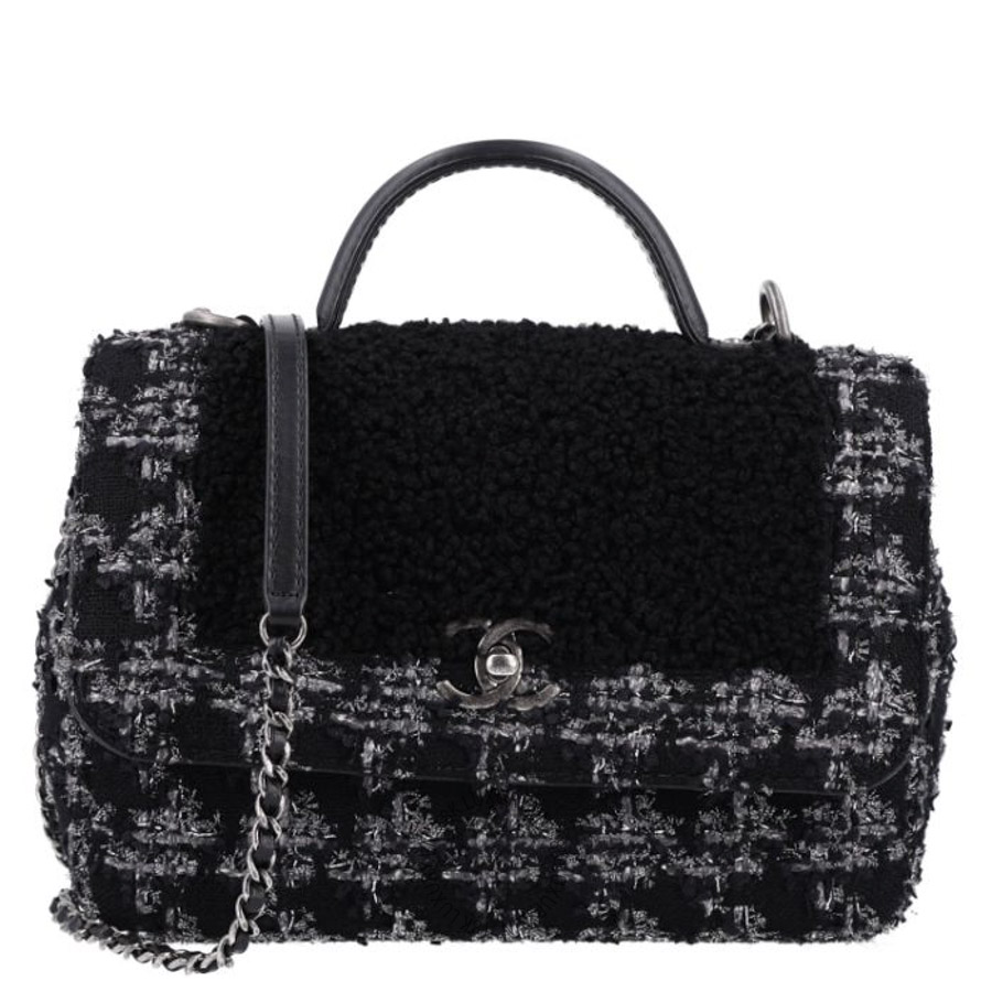 Túi Xách Đeo Chéo Chanel Shearling Tweed Medium Handle Boy Flap Black Grey CDBC836