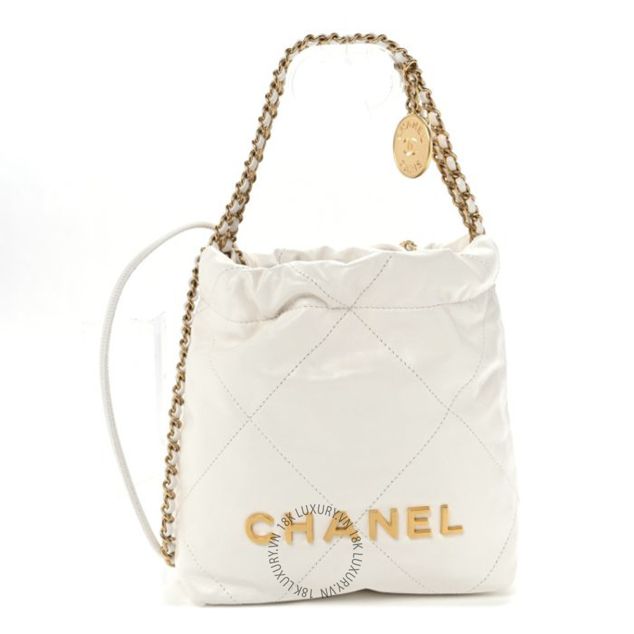 Túi Xách Đeo Chéo Chanel Shiny Calfskin Quilted Mini Chanel 22 White CDBC1139