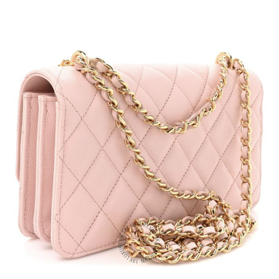 Túi Xách Đeo Chéo Chanel Shiny Caviar Quilted Flap Charm Wallet On Chain WOC Light Pink CDBC801