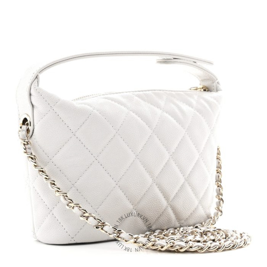 Túi Xách Đeo Chéo Chanel Shiny Caviar Quilted Hobo Clutch With Chain Light Grey CDBC056