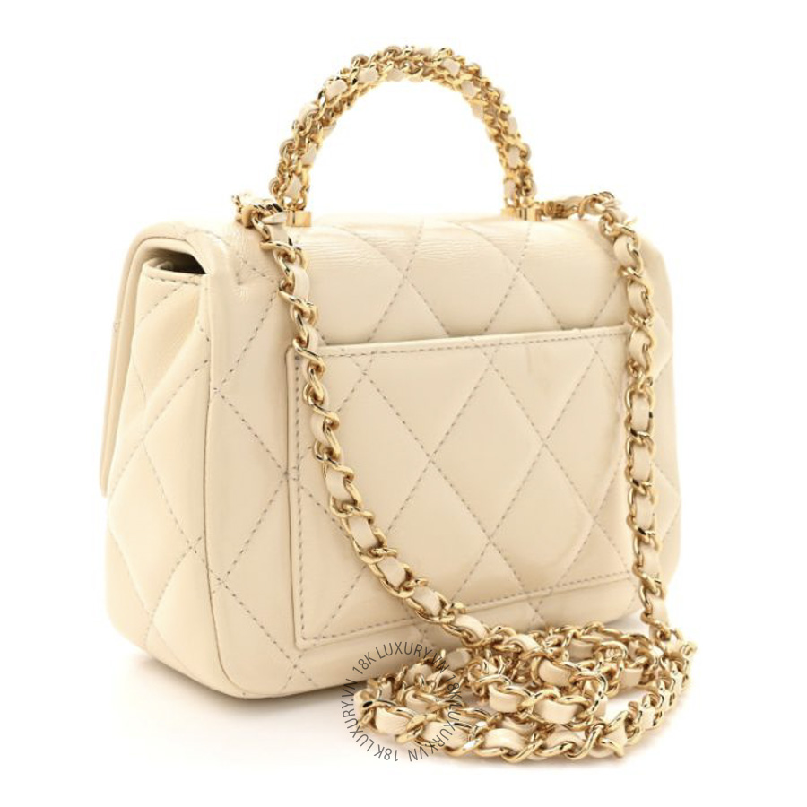Túi Xách Đeo Chéo Chanel Shiny Lambskin Quilted Golden Links Top Handle Flap White CDBC072