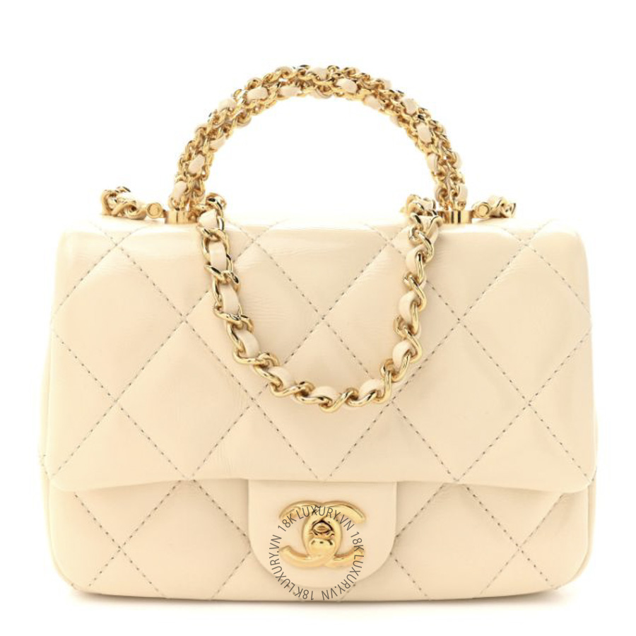 Túi Xách Đeo Chéo Chanel Shiny Lambskin Quilted Golden Links Top Handle Flap White CDBC072