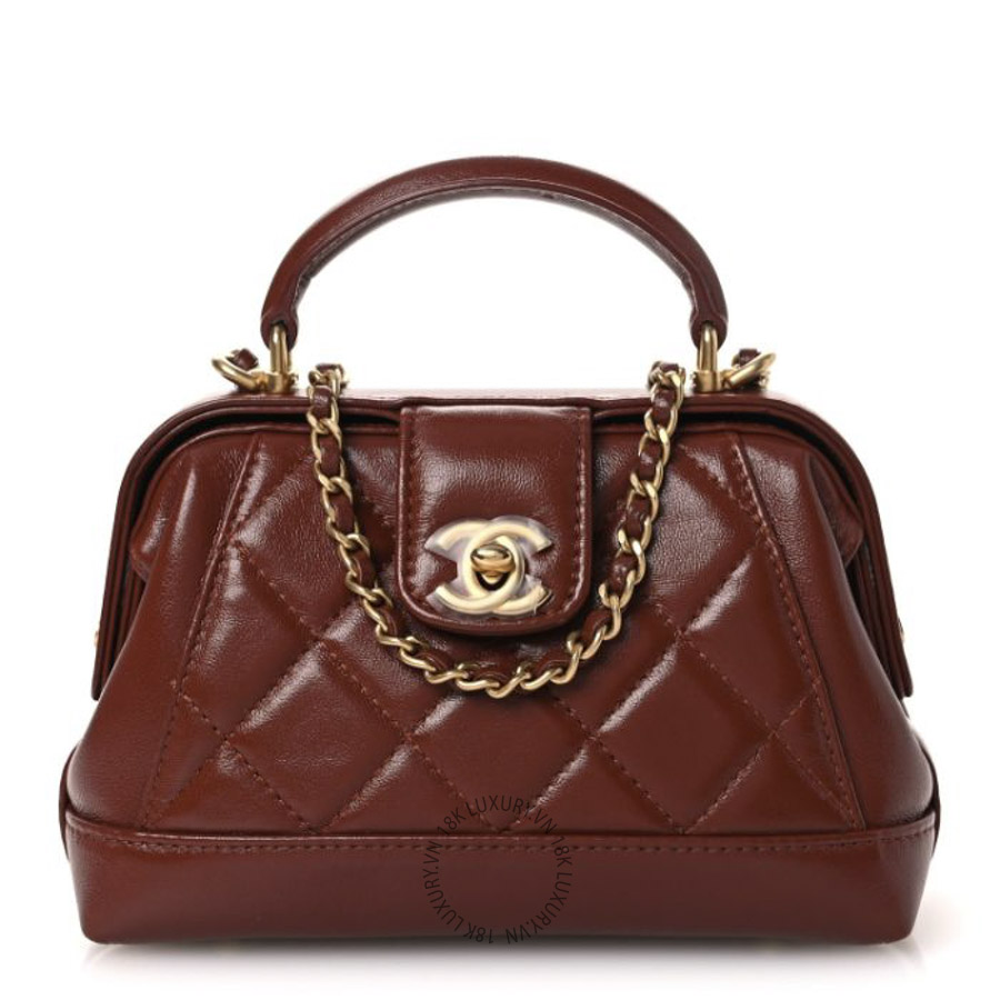 Túi Xách Đeo Chéo Chanel Shiny Lambskin Quilted Mini Cocodoc Top Handle Bag Brown CDBC401