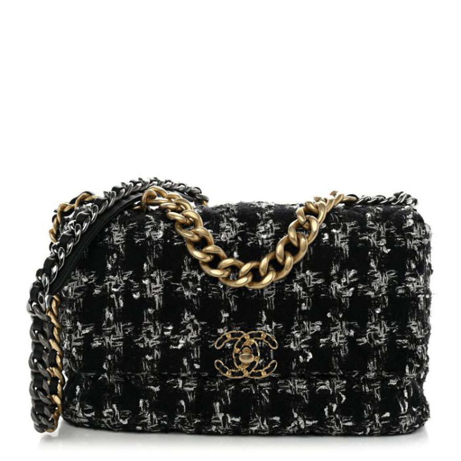 Túi Xách Đeo Chéo Chanel Tweed Quilted Large Chanel 19 Flap Black Silver Ecru CDBC011