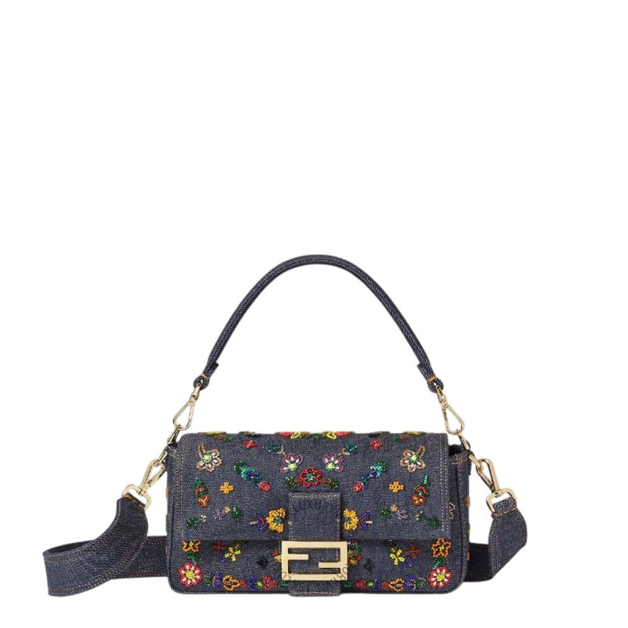 Túi Xách Đeo Chéo Fendi Baguette Dark blue denim bag with floral embroidery 8BR600AWVOF0B3Y FND171
