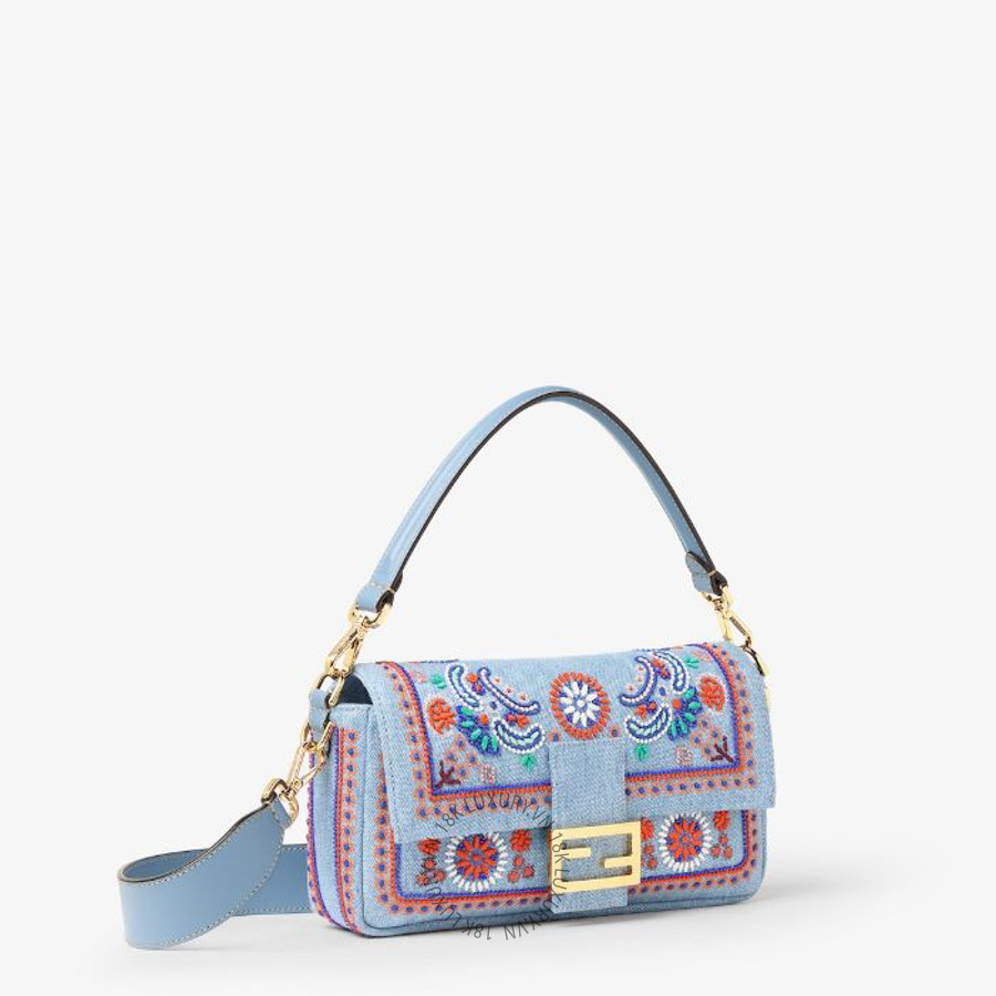 Túi Xách Đeo Chéo Fendi Baguette Light blue denim bag with multicolor embroidery 8BR600AY5XF1X1P FND151