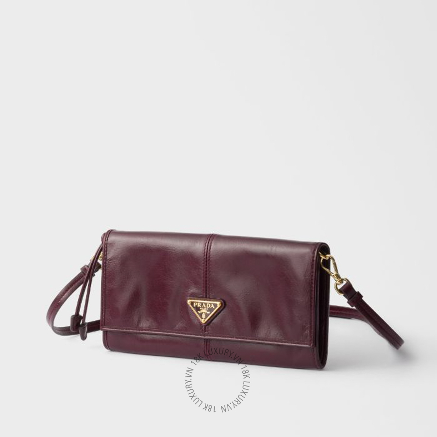 Ví Đeo Chéo Prada Leather wallet with shoulder strap màu đỏ tía burgundy 1MT036_2CYR_F0007 PRV054