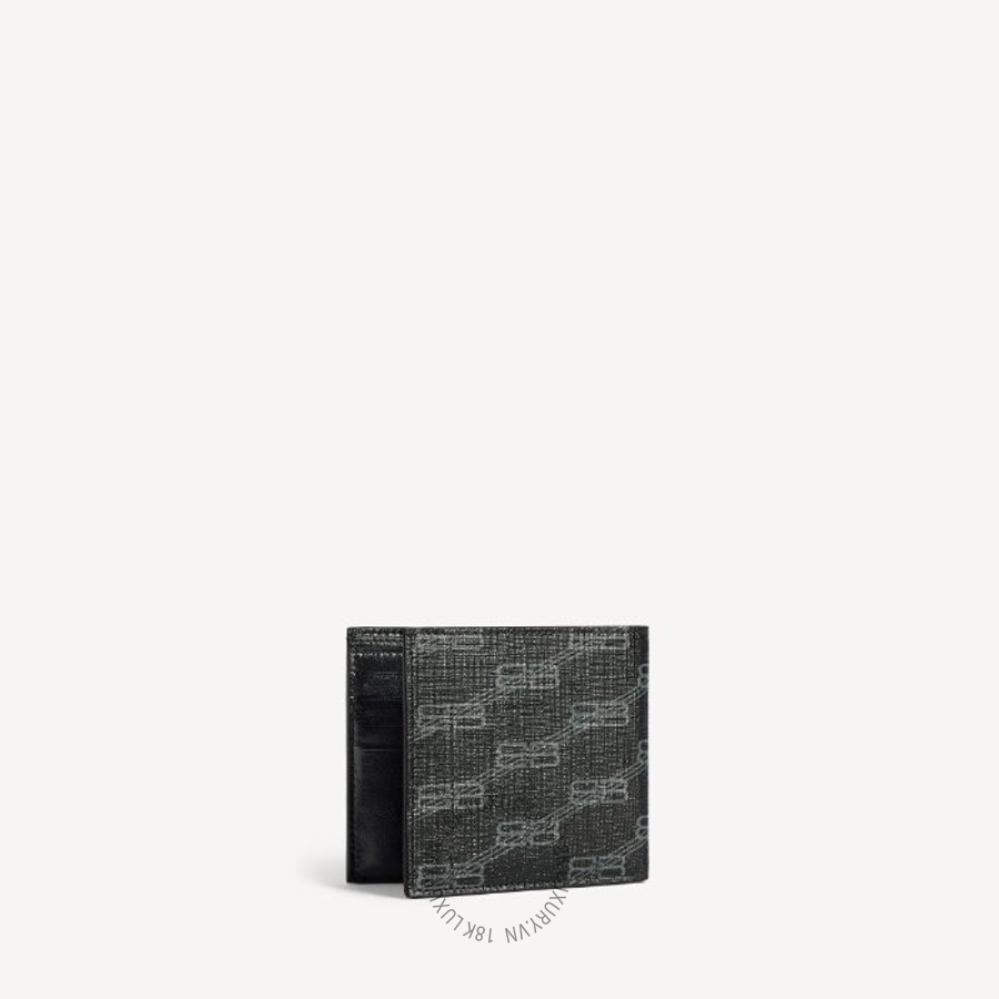 Ví Ngắn Balenciaga Men's Signature Square Folded Wallet Bb Monogram Coated Canvas in Black/grey 594549210D81061 BCA367